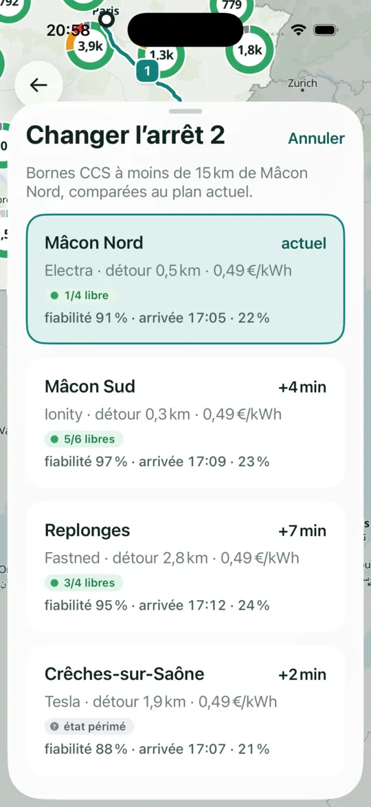 Changer l’arrêt 2 : bornes CCS à moins de 15 km de Mâcon Nord, avec points libres, fiabilité et heure d’arrivée