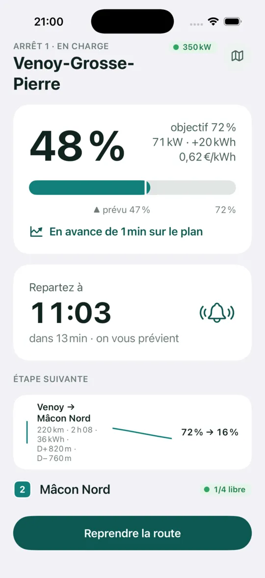 Écran de recharge : 48 %, objectif 72 %, repartez à 11:03, dans 13 min