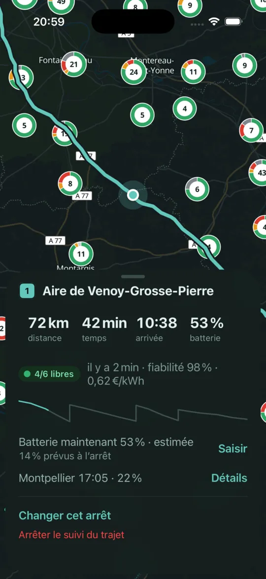 Pendant le trajet : prochain arrêt Aire de Venoy-Grosse-Pierre dans 72 km, 4/6 libres, batterie 53 %