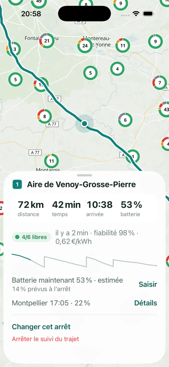 Pendant le trajet : prochain arrêt Aire de Venoy-Grosse-Pierre dans 72 km, 4/6 libres, batterie 53 %