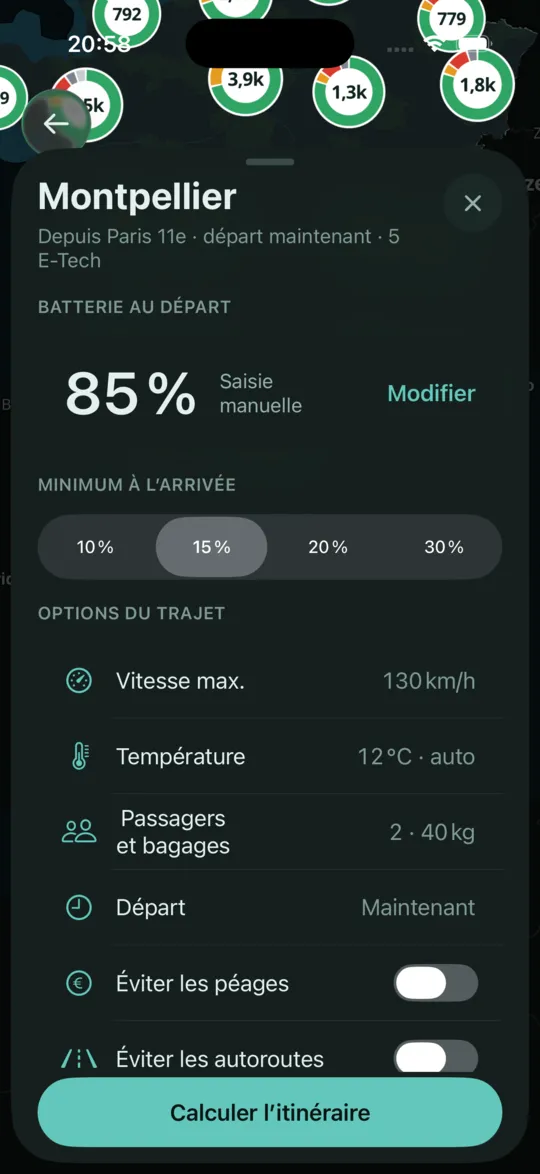 Formulaire de trajet : batterie au départ 85 %, minimum à l’arrivée 15 %, vitesse max. 130 km/h, température auto