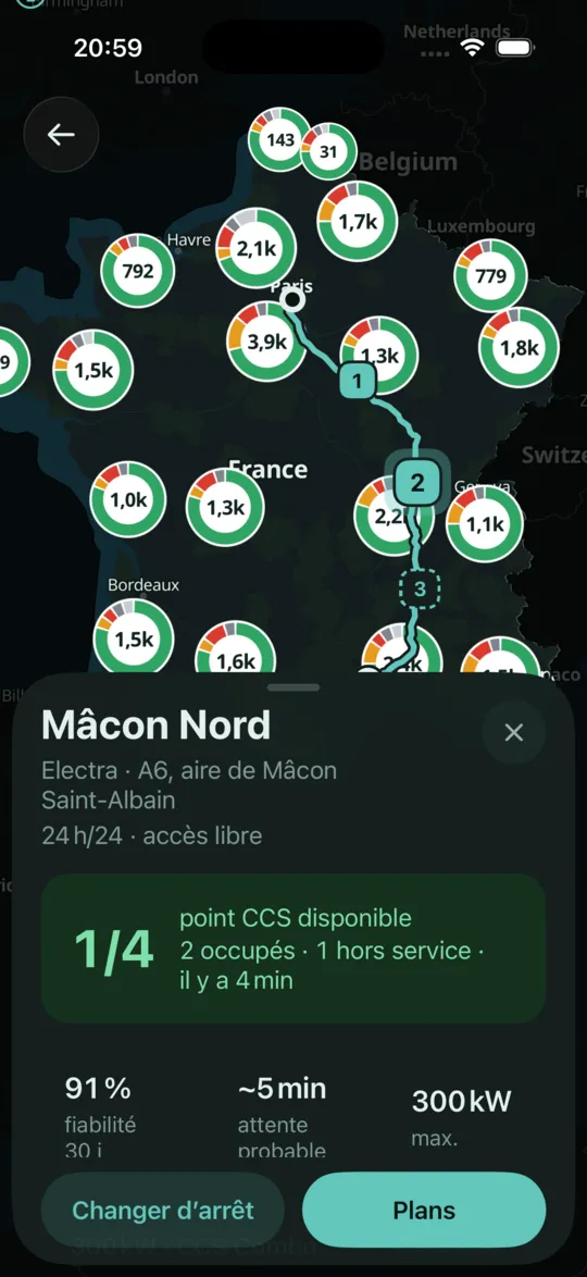 Fiche d’une borne dans Eleika : Mâcon Nord, 1 point CCS disponible sur 4, fiabilité 91 %, attente probable 5 min